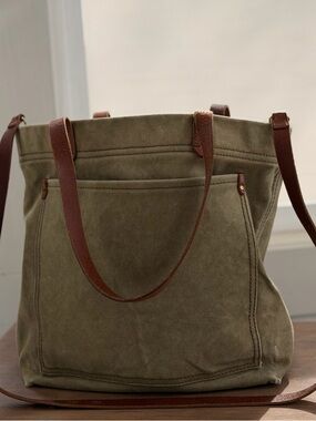 Madewell Olive Canvas Tote with Brown Leather Straps